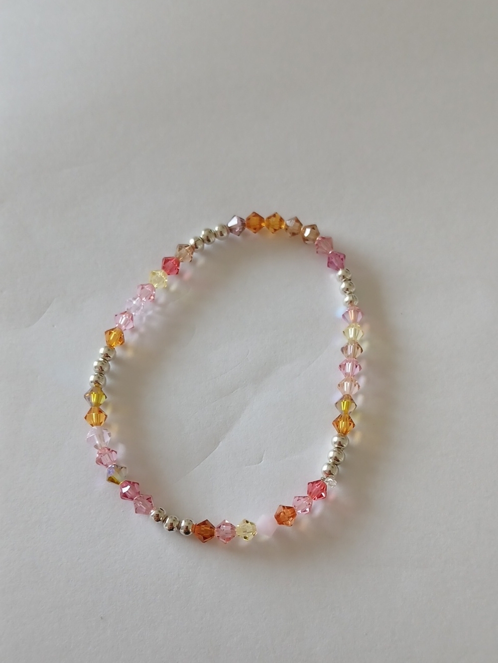 Delicate Pink & Amber Crystal Glass Beaded Bracelet With Sterling Silver Accents
